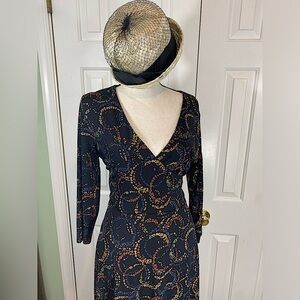 JNY wrap look flair skirt dress BLK w/colored circle pattern 3/4 sleeve. 8